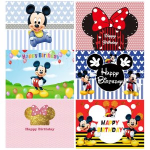 Disney Cartoon Mickey Minnie Mouse Happy Birthday Backgrounds Decors Vinyl Cloth Party Backdrops Baby Shower Banner
