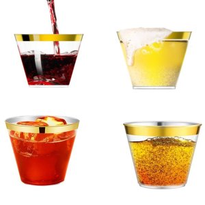 25pcs plastic cup 9 oz disposable cup plastic wine glass party wedding wine glass transparent plastic cup with gold rim