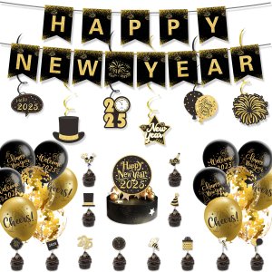 Black 2025 Happy New Year Theme Banner Cake Topper Swirls Hanging Fireworks Balloons Photo Props for 2025 New Year Party Decor