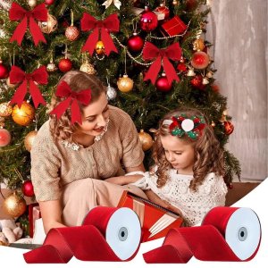 2 Rolls Packaging Wired Velvet Red Ribbon Double-Sided Christmas Velvet Ribbon Crafts Supplies Wide Ribbon for Handmade Bow