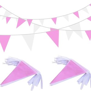 10M Pink and White Pennant Banner Flags String Triangle Bunting Flag,Party Decorations for Wedding,Home Outdoor Garden