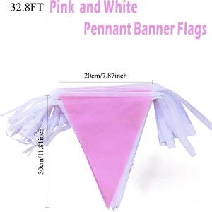 10M Pink and White Pennant Banner Flags String Triangle Bunting Flag,Party Decorations for Wedding,Home Outdoor Garden