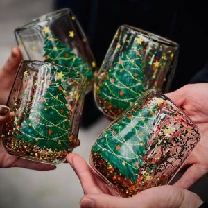 Christmas Tree Glass Cups Double Wall Heat Resistant Drinking Coffee Mug Transparent Christmas Glass Cups for Tea Coffee Latte