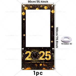 2025 Happy New Year Photo Booth Frame Props Fireworks Star Balloons Shooting Photo Backdrop Prop New Year Eve Party Decor Banner