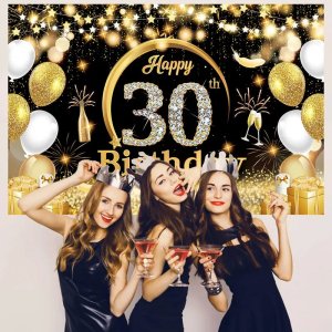 30th 40th 50th 60th Birthday Party Backdrop Black Gold Glitter Photo Booth Background Banner Happy Birthday Party Decor Adult