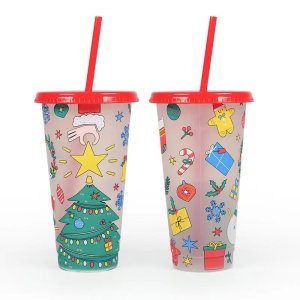 24oz Coffee Straw Cup Reusable Christmas Color Changing Cups Plastic Cold Tumbler With Lids Party Drinks Mugs For Coffee Shop