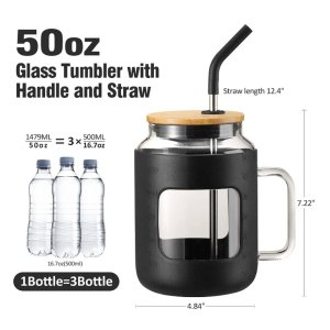50OZ Large Glass Tumbler with Straw and Handle Glass Water Bottle Coffee Cup Reusable with Silicone Protective Sleeve Bamboo Lid