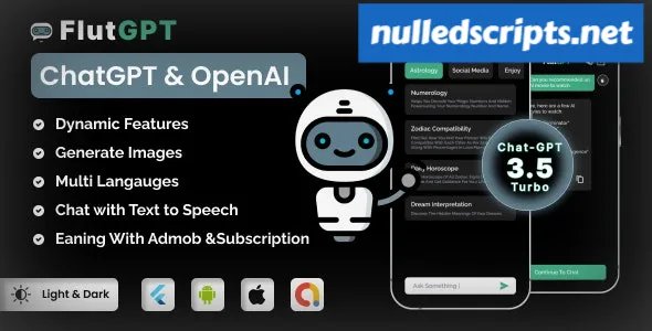 FlutGpt v2.2 - ChatGPT Flutter Full Application | Art Generator | ADMOB | Subscription Plan - Android - CodeCanyon Null