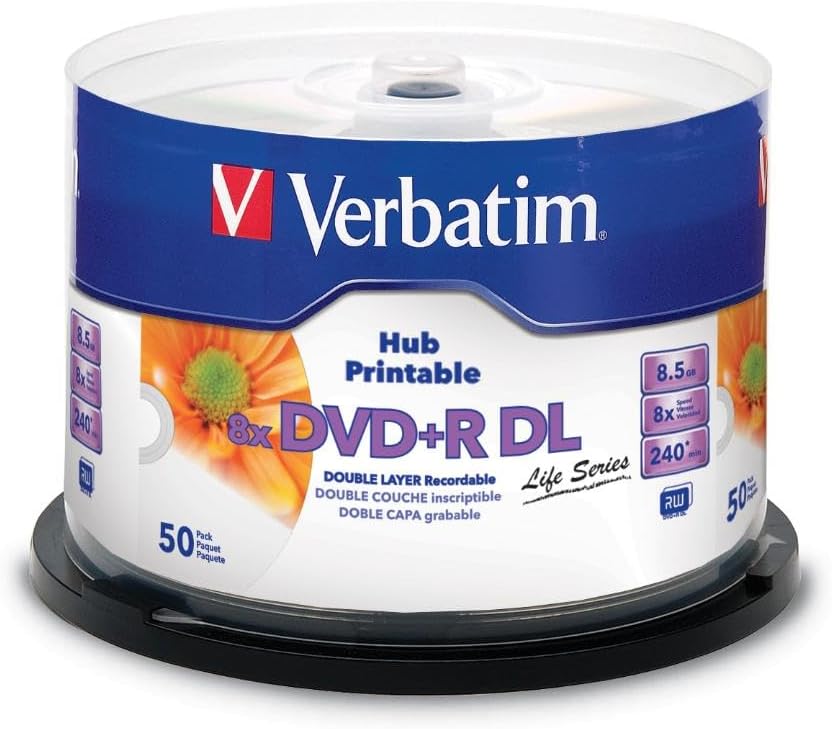 514qluvSPnL._AC_SL1080_.jpg Verbatim DVD+R DL Double Layer 8.5GB 8X Life Series White Inkjet Hub Printable - 50 Pack Spindle - Image 1