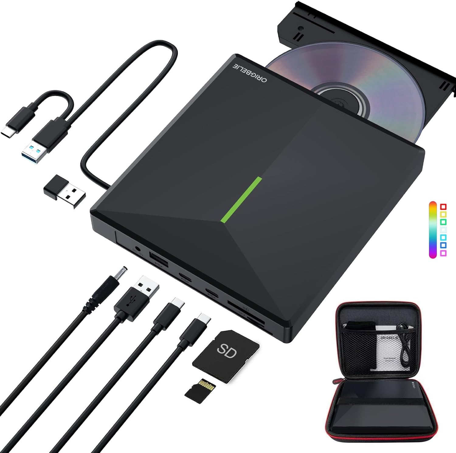 61KG5Dtt3SL._AC_SL1500_.jpg ORIGBELIE External CD DVD Drive with 4 USB Ports and 2 TF/SD Card Slots, USB 3.0 Portable CD/DVD Disk Drive Player Burner Reader Writer for Laptop Mac PC Windows 11/10/8/7 Linux OS with Carrying Case - Image 1