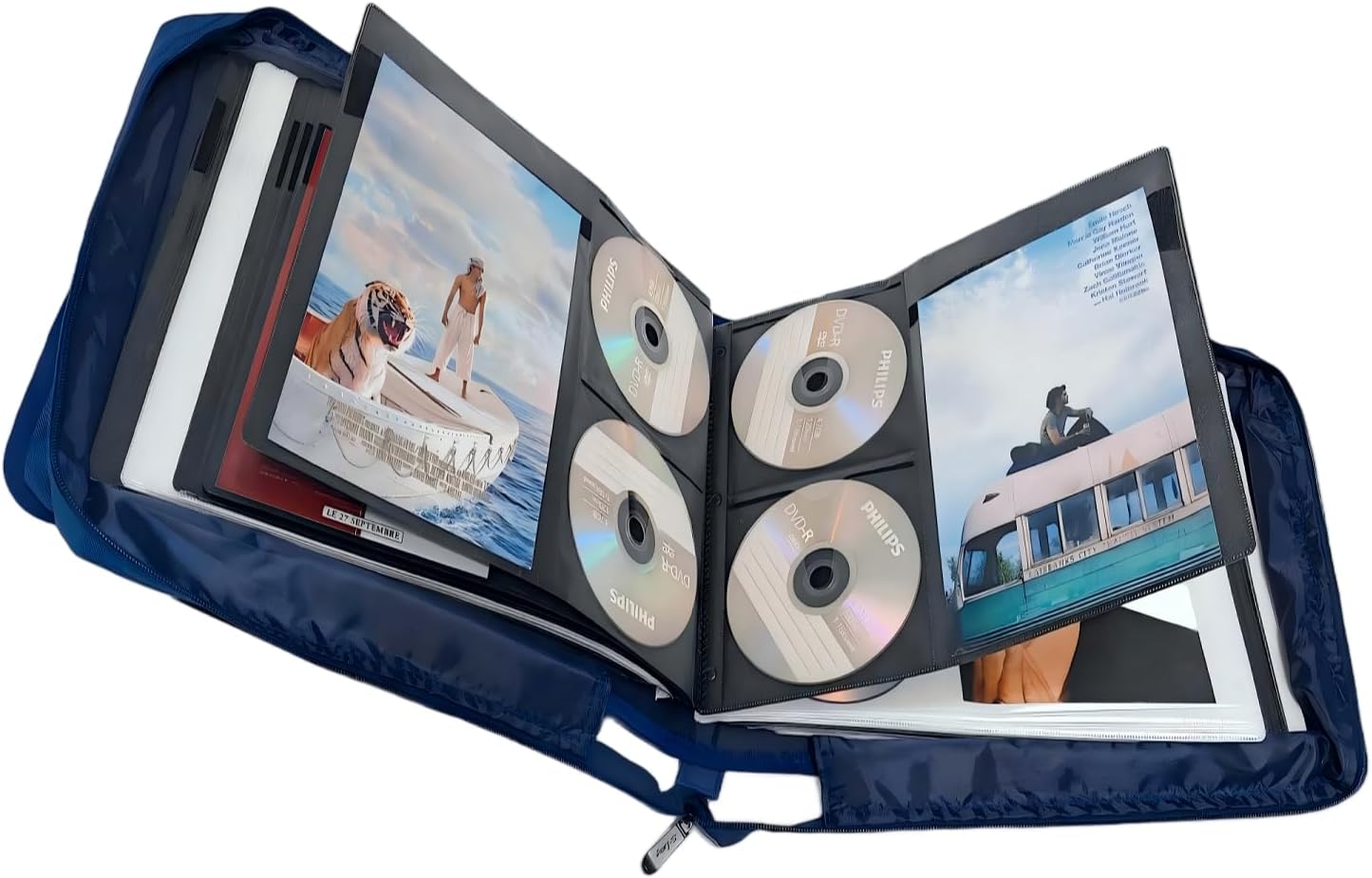 61phYEQhzLL._AC_SL1500_.jpg DVD CD Storage Case with Extra Wide Title Cover Pages for Blu Ray Movie Music Audio Disk (Portable Carrying Binder Holder Wallet Album Home Organizer Shelf )- Blue, 128 disk units, 64 cover pockets - Image 1