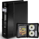 CD DVD Storage Binder with Zipper - Holds 56 Discs & 28 Booklet Pockets & 56 Tag Slots, High-end PU Leather Cover for Blu-ray Movies, Music CDs, Audio Disks, Portable Media Organizer, Black