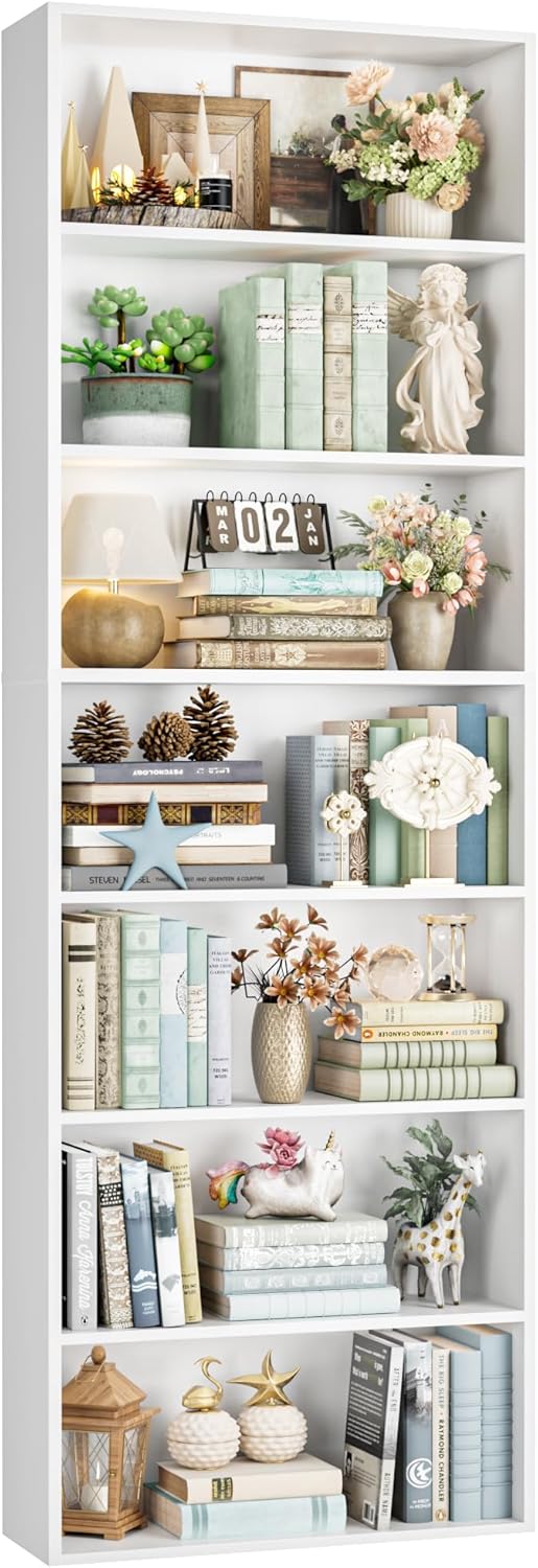 714kWPj4oWL._AC_SL1500_.jpg FACBOTALL 82" Tall Bookshelf, 7-Tier Open Shelves Bookcase, Freestanding Display Storage Shelves, Tall Bookcase Home Decor Furniture for Home Office, Living Room, Bedroom, White - Image 1