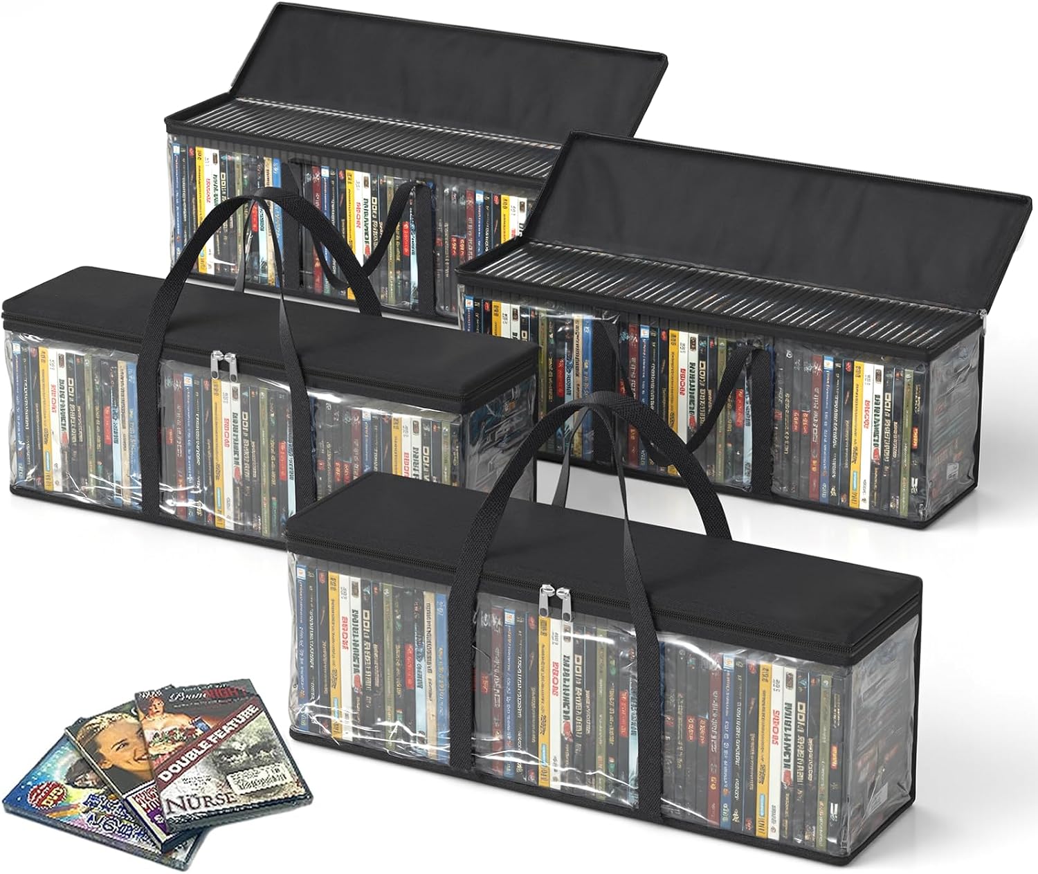 717r8LdGV8L._AC_SL1500_.jpg DVD Storage Bags, Media Organizer Bags for DVDs, CDs, Blu Ray Disc, Movie Cases, VHS Box, Video Game Disks, Albums, Books, Clear Plastic Holders with Carrying Handles (Black, 4Pack) - Image 1