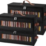 Qozary CD Storage Box - 4 Pack CD Case Holder with Clear Window, Holds 150 Jewel Cases, Media Storage Rack for DVDs, CDs, Video Game Disks, Blu Ray Disc-16.5 × 8.3 × 8 in, Black