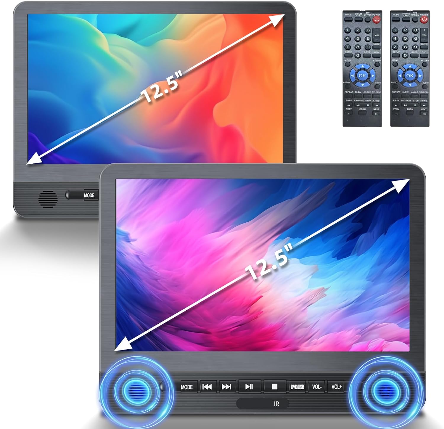 71BrU6xtQqL._AC_SL1500_.jpg DESOBRY 12.5 Inch Dual Car DVD Player, Two 1080P HD Screens Play Different Movies Support USB/Sync TV, Region-Free for Backseat Headrest Travel Entertainment, Last Memory Function - Image 1