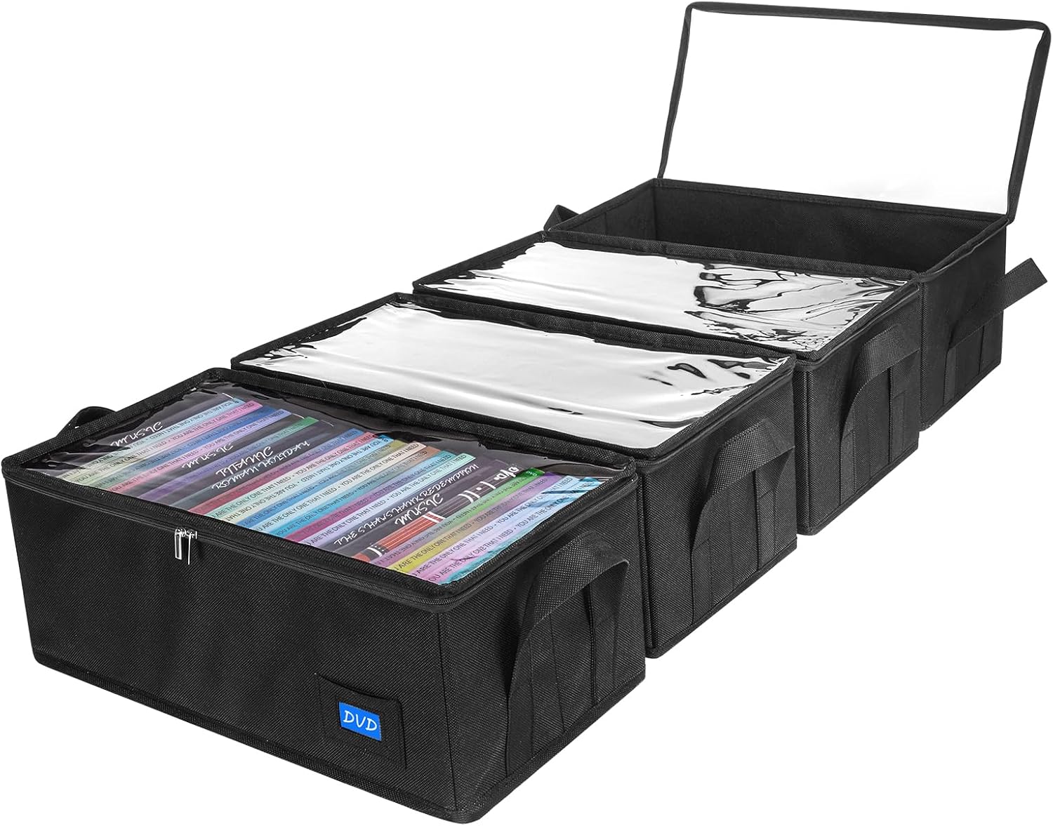 71HX3F6kCqL._AC_SL1500_.jpg DVD Case Holder with Handles and Clear Lid, 4-Pack Black DVD Storage Box with Label Slots, Portable Organizer for Media Collection - Image 1
