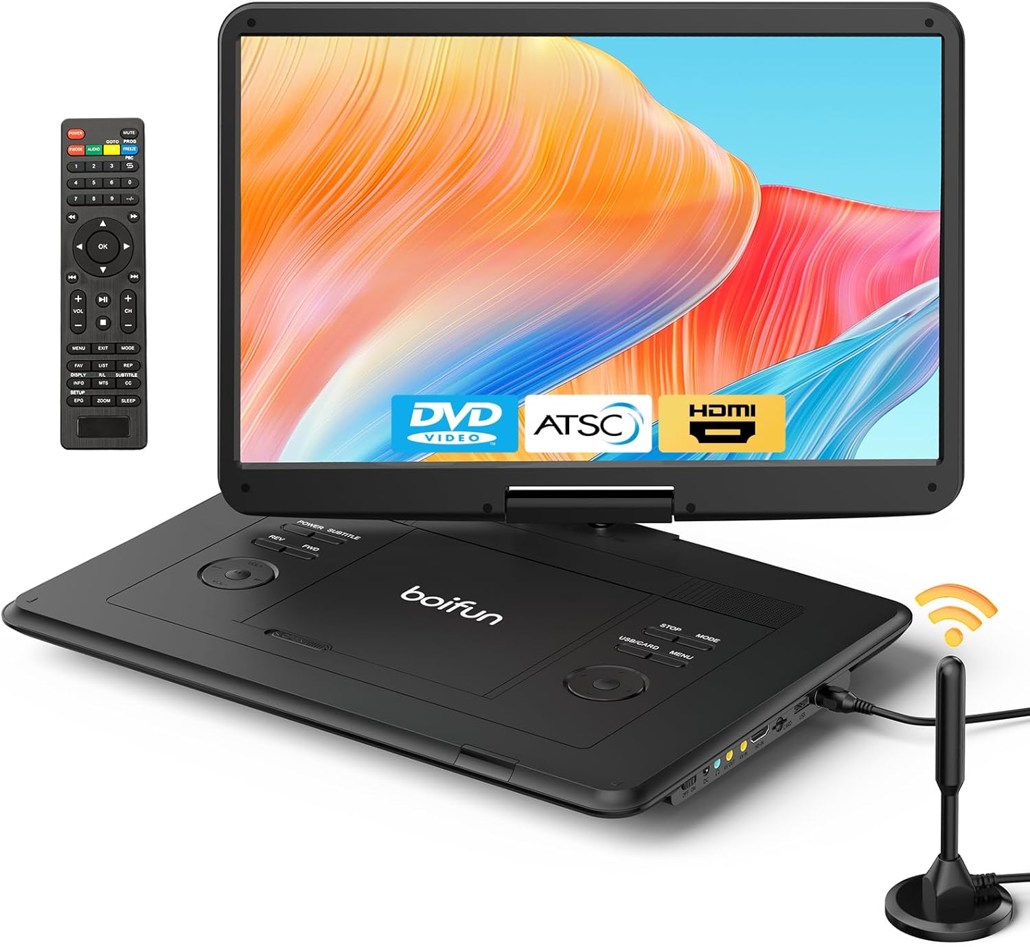 71MTue0BtLL._AC_SL1500_.jpg Boifun Portable DVD Player with ATSC TV & FM Radio, 15.6" HD Swivel Screen, Built-in Rechargeable Battery, HDMI Input for TV Stick, USB/TF Card Playback, Plays DVDs CDs VCDs, Car & Home Adapters,Black - Image 1