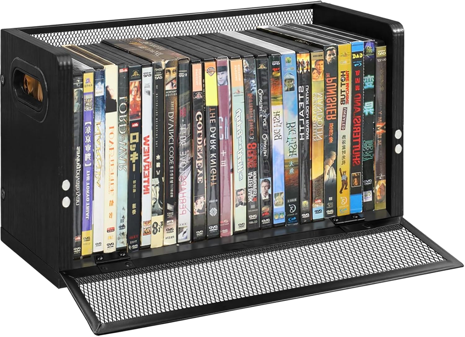71UsdR1rgFL._AC_SL1500_.jpg DVD Bluray Storage Rack with Handles, Holds 28 DVD or 32 Blu-ray Cases | Portable DVD Case Holder for Desktop, Closet, Video Games, Books & Movies, Black - Image 1