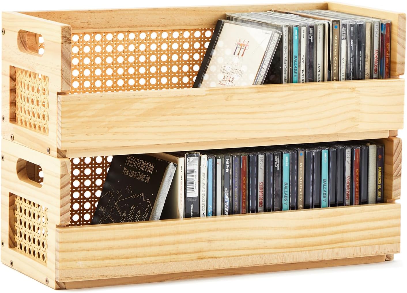 71UvSidWjL._AC_SL1500_.jpg CroBlissful 2 Set Wooden CD Storage Box Holder Shelf with Carrying Handles, Rattan Design Cassette Tape Display Racks Organizer Shelf for Movie Cases, DVDs, Each Set Can Store up to 36 Pcs CDs - Image 1
