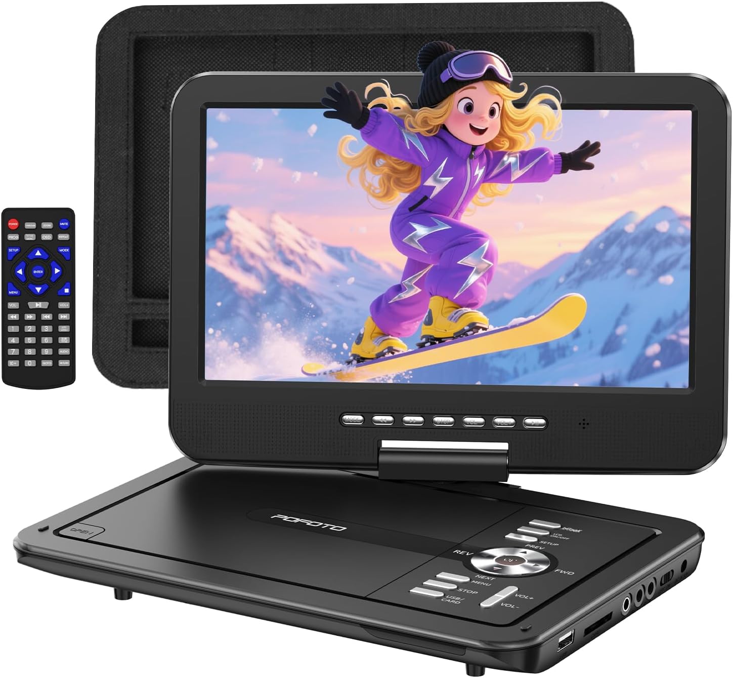 71VoabqM6eL._AC_SL1500_.jpg POFOTO 12.5" Portable DVD Player with 10.5" HD Swivel Screen, 6-Hour Battery Life, Car DVD Player with Dual Speakers, Supports CD/DVD/USB/SD Card, Include Car Headrest Mount and Remote Control -Black - Image 1
