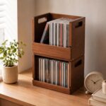 2 Set Wooden DVD Storage Box Small Spaces Friendly, Desktop DVD Organizer Holds up to 26 Cases, Compact Media Storage Shelf with Carrying Handle