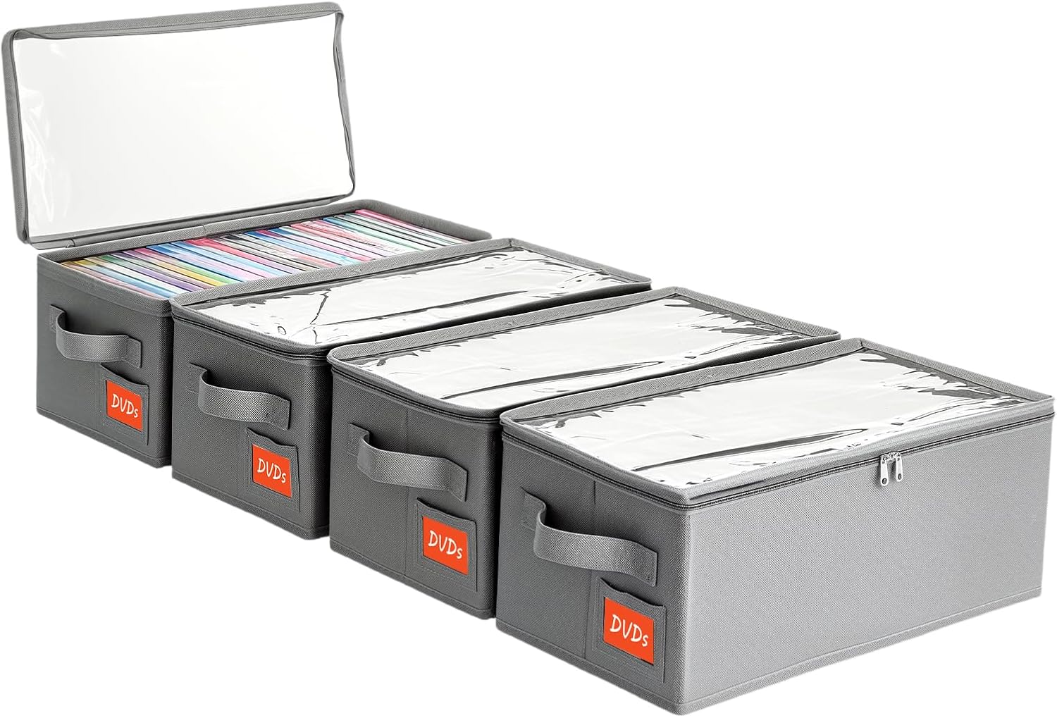 71Y1Ydcg1L._AC_SL1500_.jpg DVD Storage Box – DVD Case with Clear PVC Lid – DVD Shelf Organizer for 25 Standard DVD Cases – Foldable & Stackable Media Storage Solution – 4Pack(Gray) - Image 1