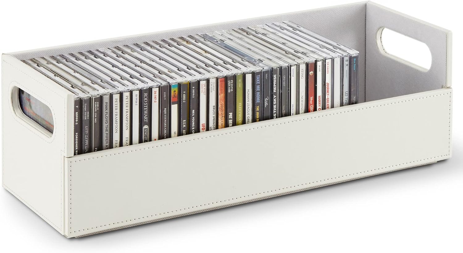 71Z4CYaJECL._AC_SL1500_.jpg Stock Your Home CD Storage Box, Organizer Shelf for Movie Cases, DVDs, Cassette Tape Display Stand, Disc Holder Can Store Up to 40 CDs, Faux Leather (White) - Image 1