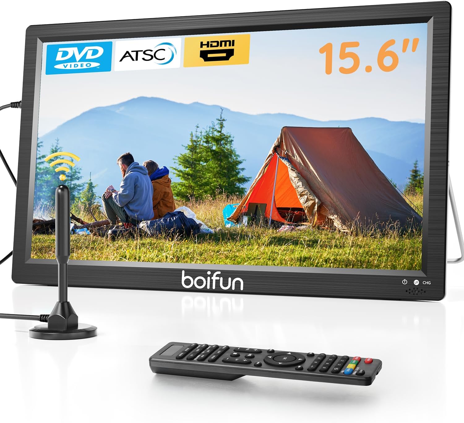 71ZFukmkjL._AC_SL1500_.jpg Boifun 15.6" Portable TV with Antenna, DVD Player Built-in, FM Radio, 5000mAh Battery, Support HDMI Input/USB/TF/AV Out and Multiple Disc Formats, Small TV DVD Combo for Camping Patio RV Kitchen,Black - Image 1