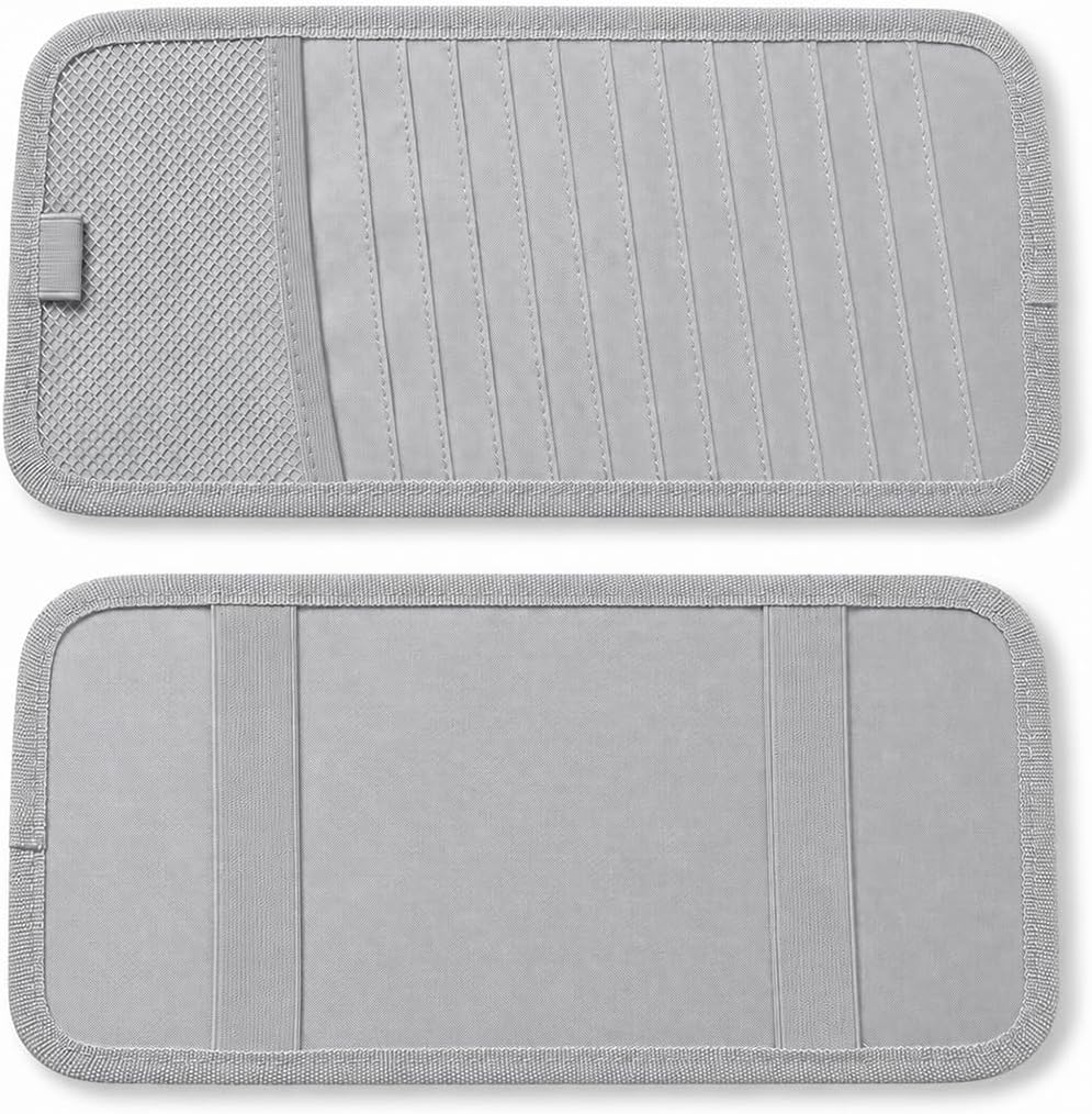 71fDJRCWjsL._AC_SL1200_.jpg CD Visor Holder for Car, Auto Sun Visor Organizer w/ 12 Disc Storage Sleeves, 1 Mesh Pocket & 1 Pen Holder, Large Capacity CD & DVD Visors Case Storage Holders for Most Vehicles (Gray) - Image 1