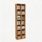 71" Tall Shallow Bookcase DVD Storage Shelf, 14 Cubes 7 Tier Narrow Wide Bookshelf with 6 Adjustable Shelves, Scratch & Moisture Resistant Media Cabinet for Living Room Study (Oak Color)