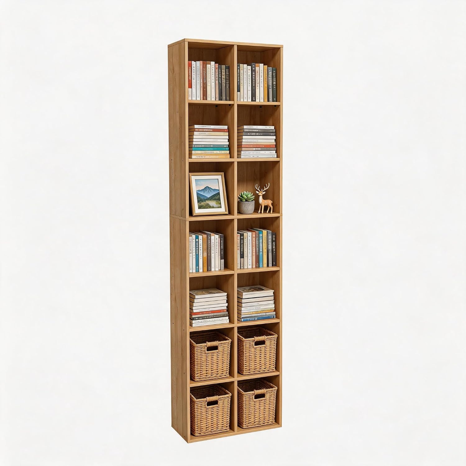 71hwqcM5rpL._AC_SL1500_.jpg 71" Tall Shallow Bookcase DVD Storage Shelf, 14 Cubes 7 Tier Narrow Wide Bookshelf with 6 Adjustable Shelves, Scratch & Moisture Resistant Media Cabinet for Living Room Study (Oak Color) - Image 1