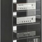 HOMCOM Media Cabinet, 4-Tier Stereo Cabinet for Vinyl Record Player, Gaming Console, AV Record Player Stand with Adjustable Shelves, Push-to-Open Glass Doors and Cable Management, Distressed Black