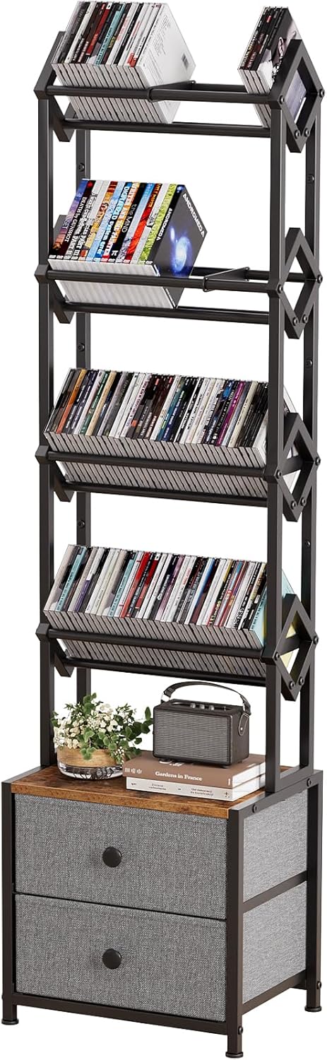 71m39zef3L._AC_SL1500_.jpg CD Storage Rack with Drawers, 5-Tier Media Organizer DVD Storage Shelf, Large Capacity for CD/DVD, Books & Games, Ideal for Living Room & Home Office, 15.7×11.8×58.7Inches - Image 1