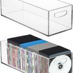Frcctre 2 Pack Acrylic DVD/CD Storage Box, Clear DVD Holder Case with Handles, Stackable Storage Container Shelf Organizer Bin for CDs, Video Games, Blu-ray, Books, Home, Office