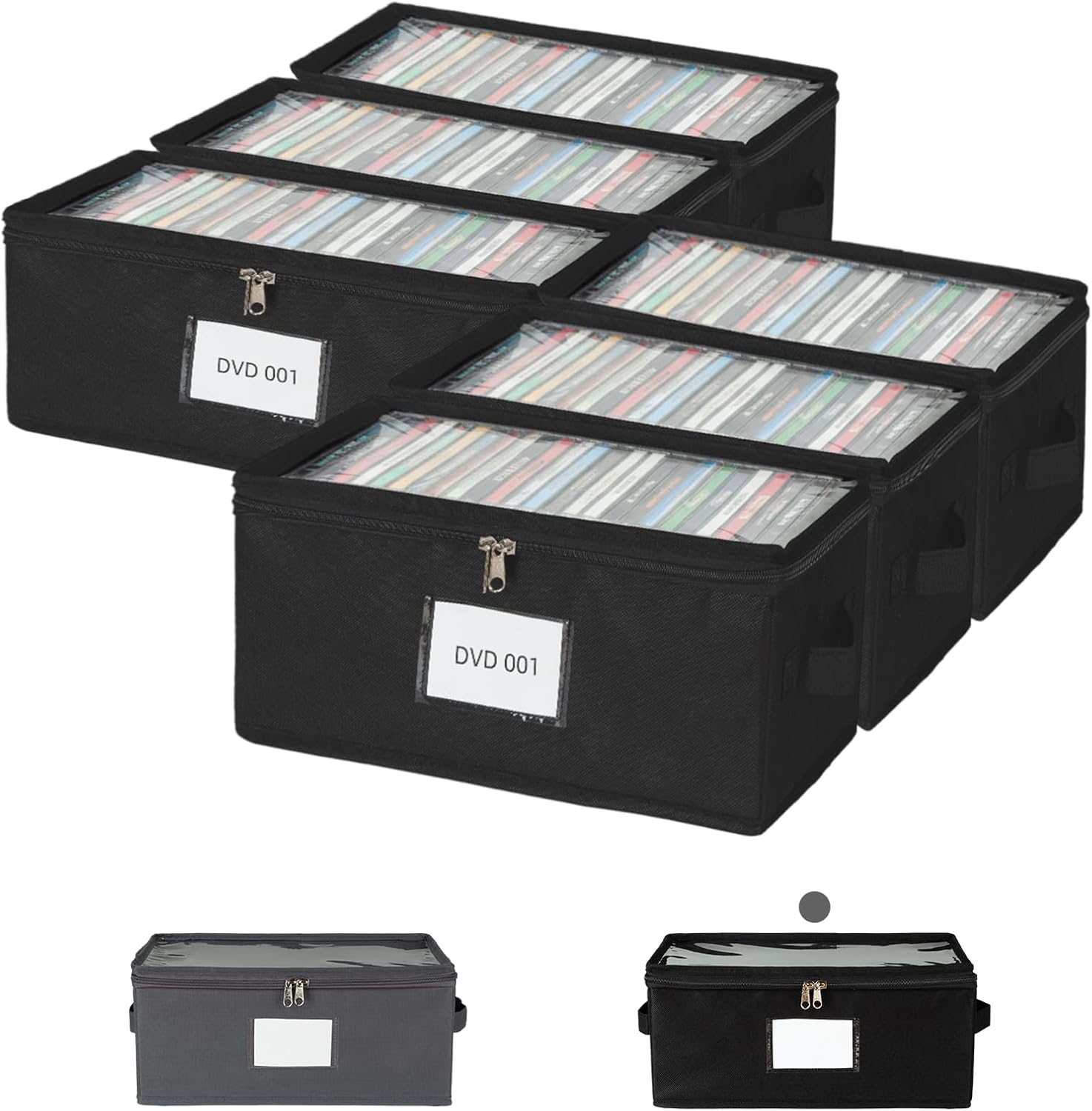 71qbNLXb8WL._AC_SL1500_.jpg 6 Pack Fabric DVD Storage Box with Clear PVC Lid, Holds 25 Standard DVD Cases, Sturdy Non-Woven Fabric with Cardboard Support for Movie Collection, Black - Image 1
