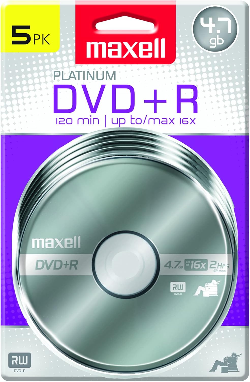 71rMEfIGyrL._AC_SL1500_.jpg Maxell – 639031, Platinum DVD+R - High Capacity Write-Once Discs for Videos & Digital Storage - 4.7GB Storage with 16X Write Speed Up To 120 Min, Exceptional Archival Life – Pack 5 - Image 1