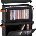 2 Pack DVDs Storage Boxes with Visible Window, 15.75 x 6.1 x 8.07 Inch Stackable CD Case Holder with Dustproof Lid and Handles, Organizer Shelf for CD Storage, Each Set Can Hold 22 DVDs
