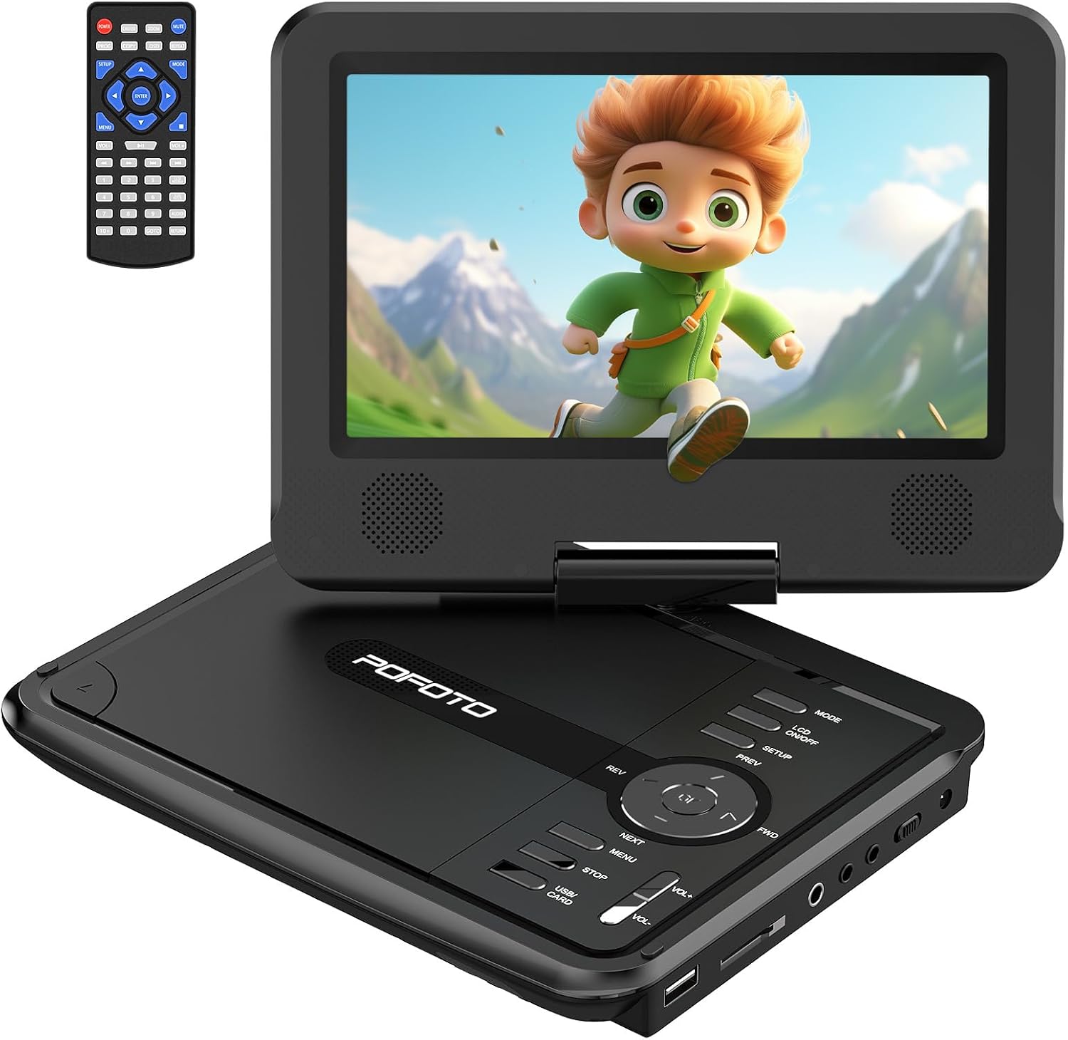 71spPf8QuIL._AC_SL1500_.jpg POFOTO 9.5" Portable DVD Player for Kids and Car with 7.5" Swivel Screen, 4-6 Hour Working Time, Car DVD Player with Dual Speakers, Remote Control, Support Sync TV, Region Free USB/SD/AV- Black - Image 1