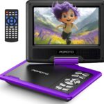 POFOTO 9.5" Portable DVD Player for Kids and Car with 7.5" Swivel Screen, 4-6 Hours Working Time, Car DVD Player with Dual Speakers, Remote Control, Support Sync TV, Region Free USB/SD/AV - Purple