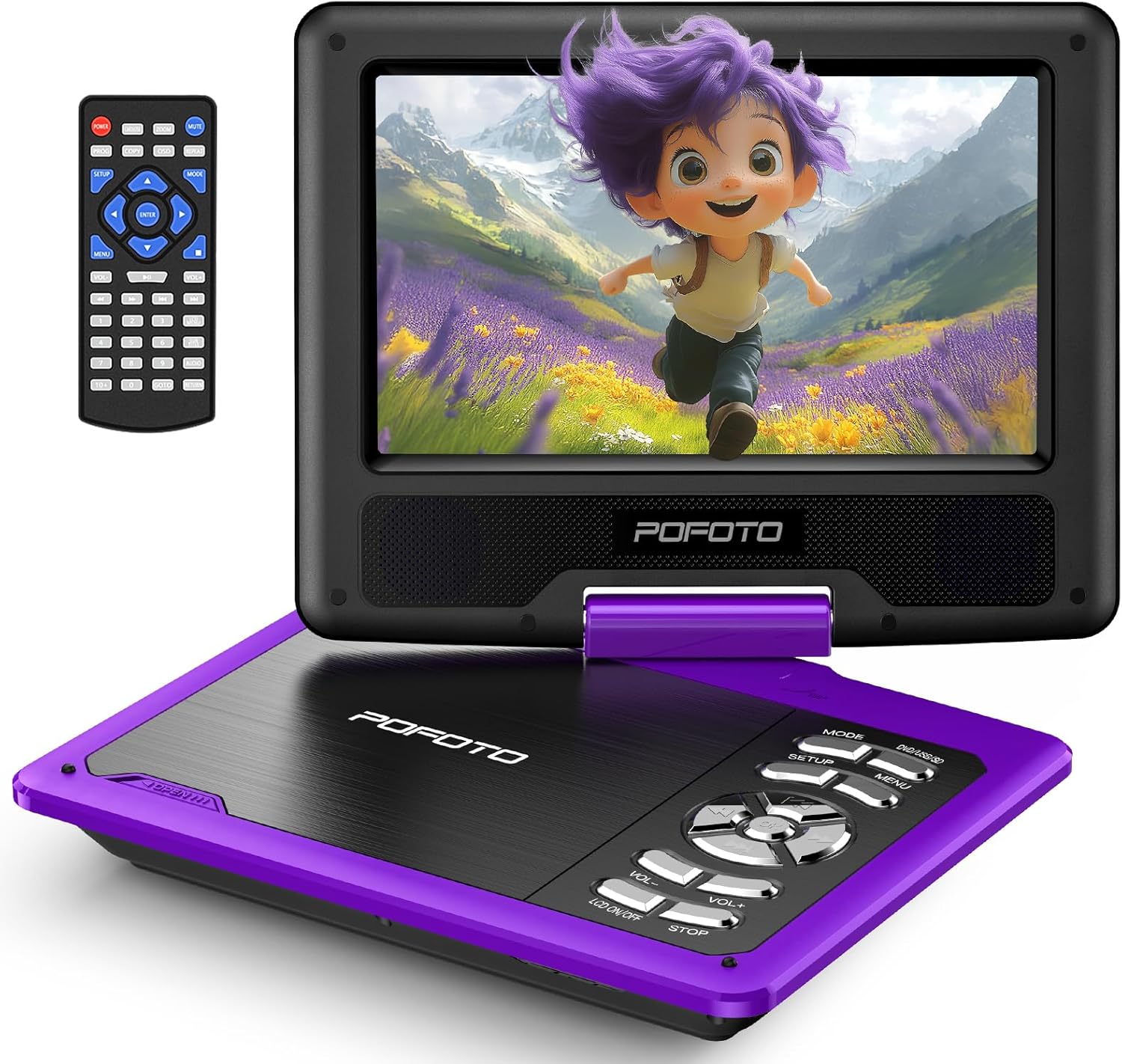 71ykiD6qJuL._AC_SL1500_.jpg POFOTO 9.5" Portable DVD Player for Kids and Car with 7.5" Swivel Screen, 4-6 Hours Working Time, Car DVD Player with Dual Speakers, Remote Control, Support Sync TV, Region Free USB/SD/AV - Purple - Image 1