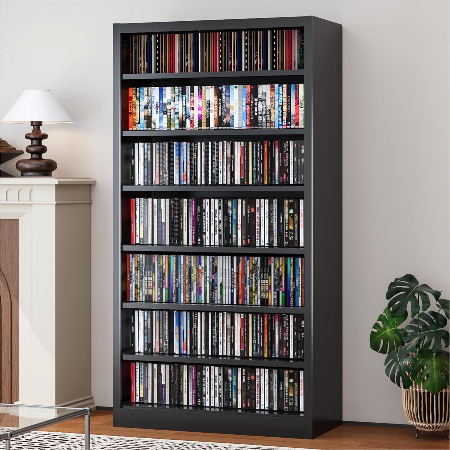 81-vOQwQbL._AC_SL1500_.jpg Metal DVD Storage Cabinets, 7-Tier CD Storage Rack with Adjustable Shelves, DVD Organizer Shelf, Media Shelves for CD Holder, Books, Games, Black Book Shelf for Living Room & Home Office (Black) - Image 1