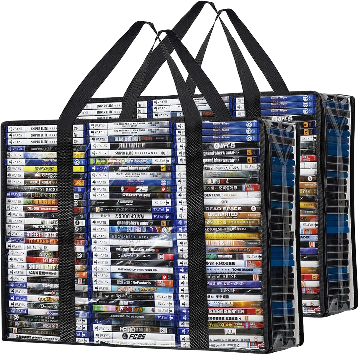 811bDQdS89L._AC_SL1500_.jpg DVD Blu-ray Storage Bag, 2 Pack Portable Storage Bags Hold 140 DVDs, 180 Blu-rays Total, Clear Media Organizers with Reinforced Handle for Movies, Video Games, VHS Tapes - Image 1