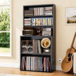 Media Storage Cabinet, Heavy-Duty Metal Record Player Stand with Open Display Shelves for LPs, CDs, Books & Audio Equipment, Modern DVD Shelf Organizer for Living Room, Home Office, Black