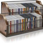CD Storage Rack, Wooden CD Organizer Holds 64 CDs (32 Each), Retro CD Shelf for Desktop, Perfect for DVD, Blu ray & Video Game Cases, Space Saving