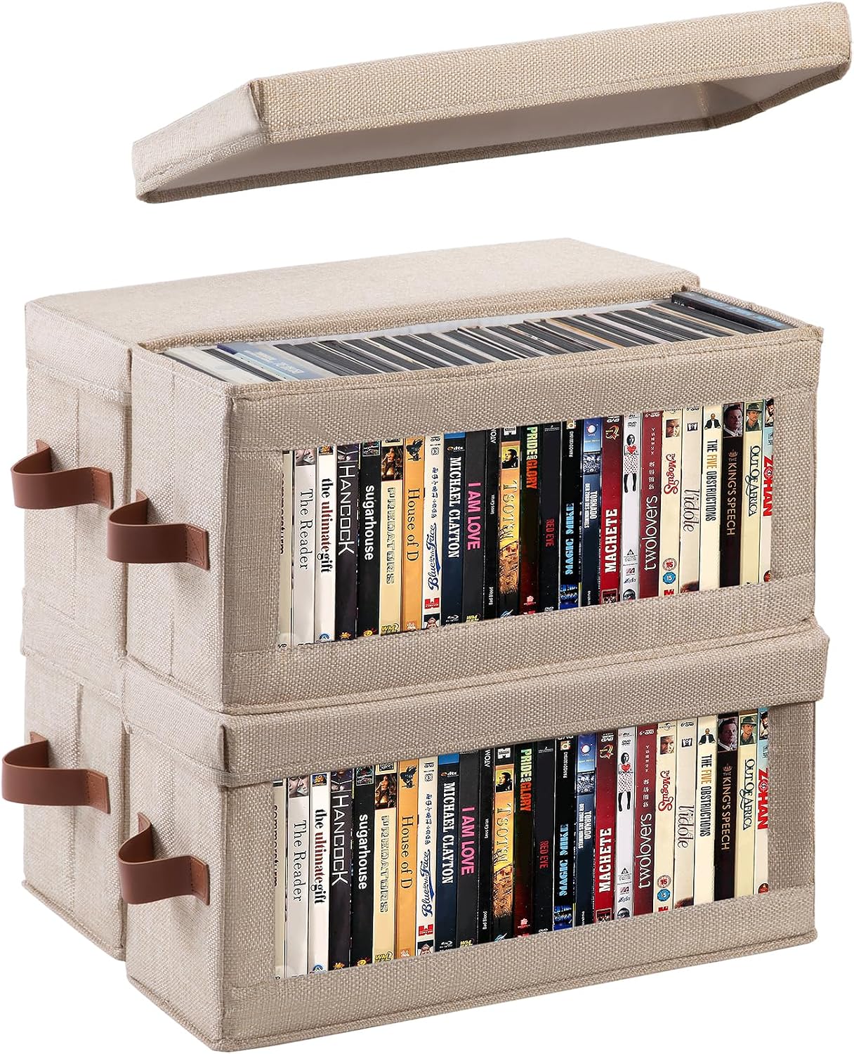 818vdk1jZiL._AC_SL1500_.jpg 4 Pack DVD Storage Box with Visible Window, Dustproof CD/DVD Case Holder Organizer Rack Can Hold Up to 104 DVD, Blu-ray & CD Storage, Stackable and Lid Design-Beige - Image 1