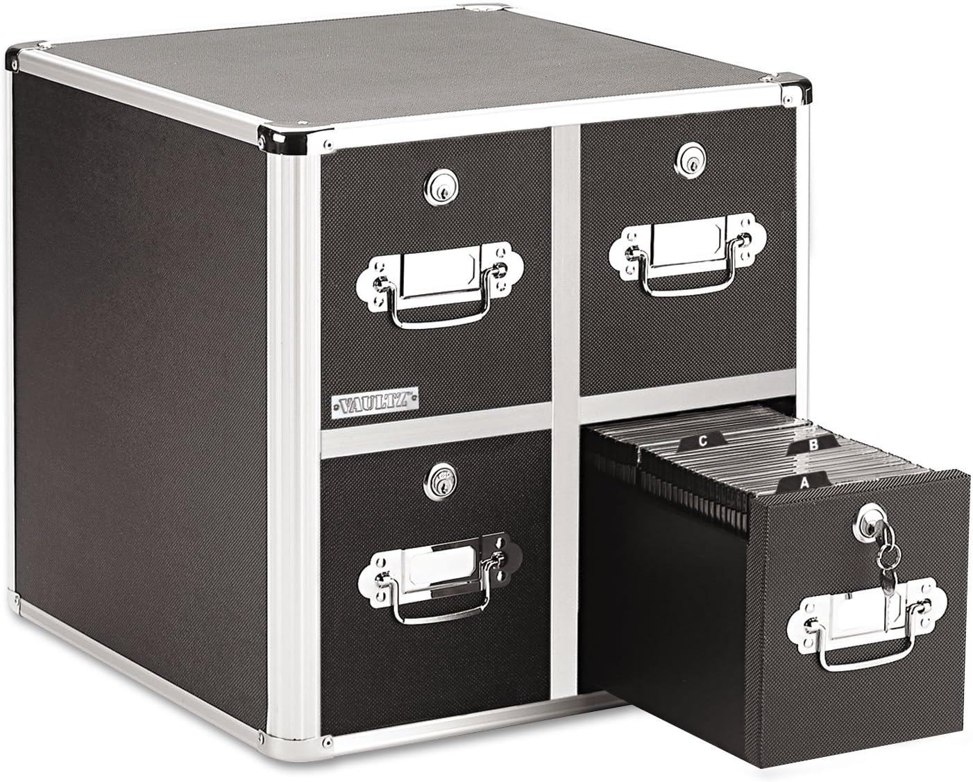 81DV67OGf-L._AC_SL1500_.jpg Vaultz CD Case Holder - File Cabinet CD Rack w/ 4 Drawers and Key Locks, 14 x 14.5 x 15.5 Inch DVD Organizer and CD Storage Box - Black - Image 1