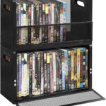 DVD Storage Rack 2-Pack with Handles, Holds 56 DVD or 64 Blu-ray Cases | Portable DVD Case Holder for Desktop, Closet, Video Games, Books & Movies, Black