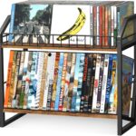 ELITEROO 2 Tier CD Holder, Wooden DVD Storage Rack, Tilting CD Organizer Tower for Display, CD Case Shelf Holds Up to Standard 80 CDs or 56 DVDs, Desktop DVD Stand for Music Enthusiasts, Rustic Brown
