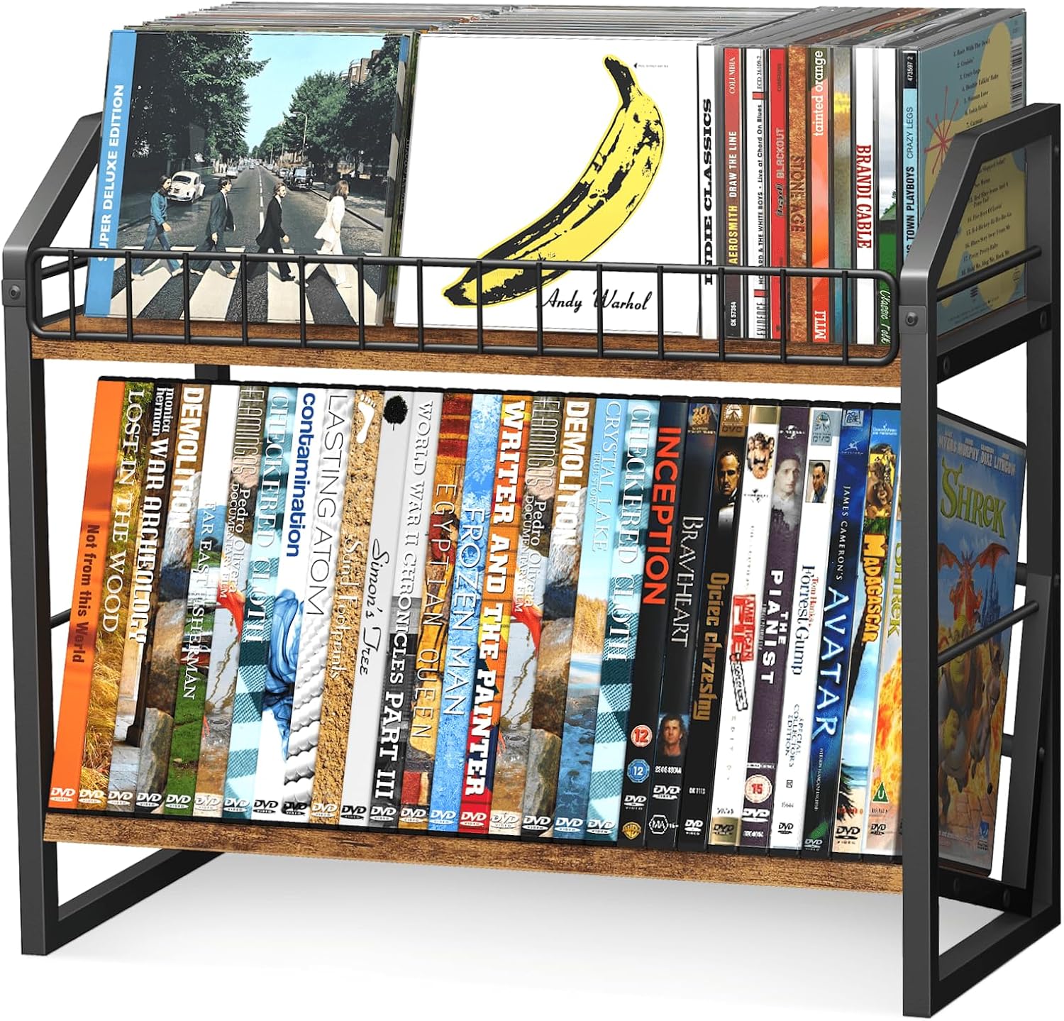 81LTy6KgtL._AC_SL1500_.jpg ELITEROO 2 Tier CD Holder, Wooden DVD Storage Rack, Tilting CD Organizer Tower for Display, CD Case Shelf Holds Up to Standard 80 CDs or 56 DVDs, Desktop DVD Stand for Music Enthusiasts, Rustic Brown - Image 1